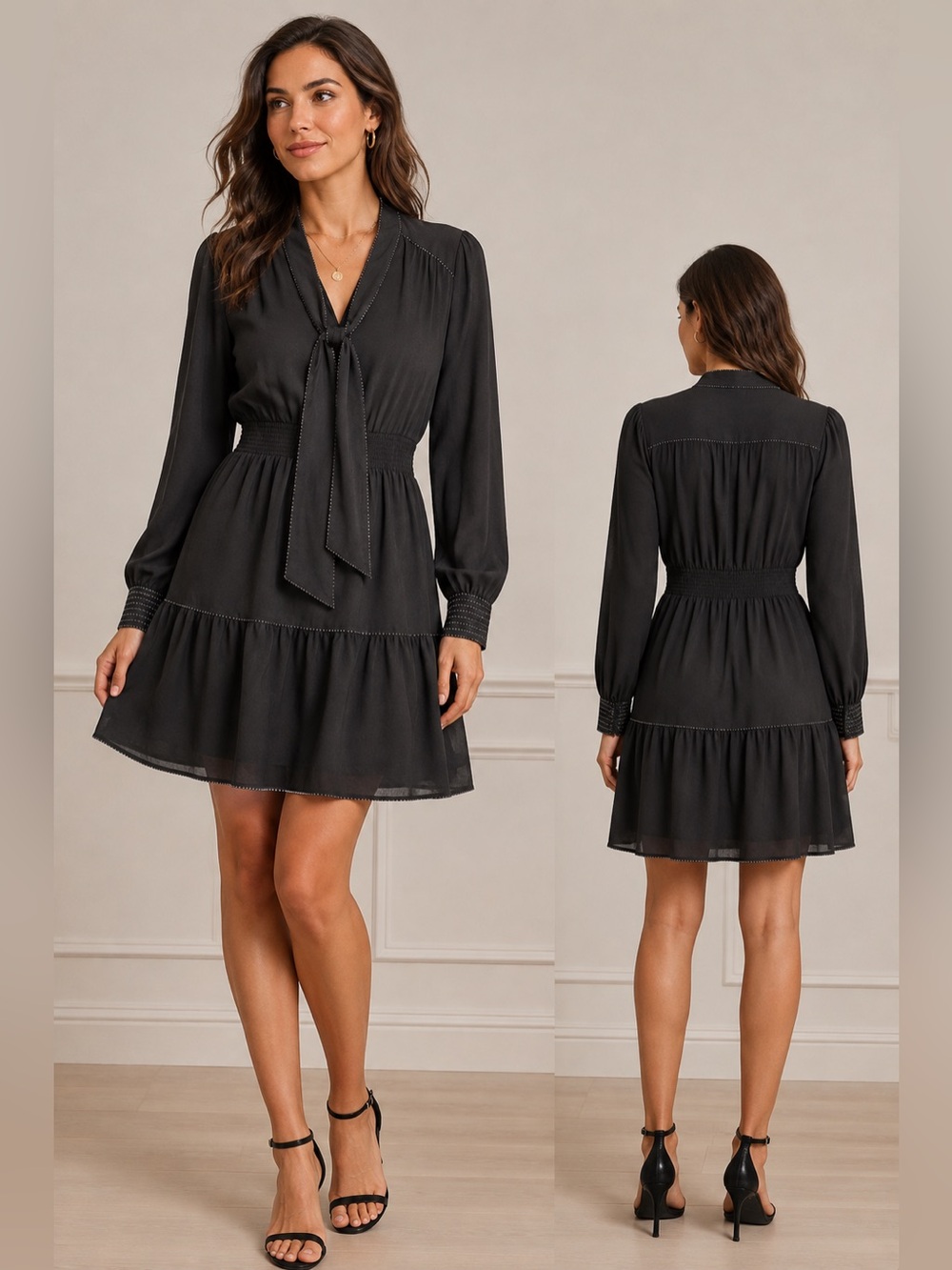 White House Black Market Black Tie-Neck Long Sleeve Dress with sparkle Accents